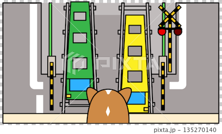 Illustration of a corgi waiting for a train at a railroad crossing seen from above Illustration of a corgi waiting for a train at a railroad crossing seen from above 135270140