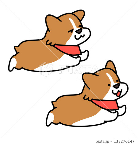 散歩を拒否して踏ん張る姿と全力で走るコーギーのイラストセット 135270147