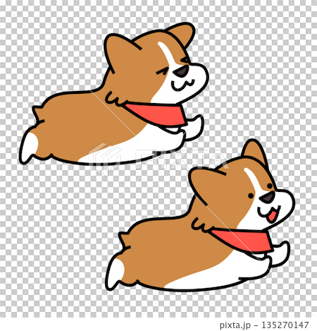 一組插圖，描繪了一隻柯基犬拒絕散步，堅定地站在那裡；以及一隻柯基犬全速奔跑的場景。 135270147