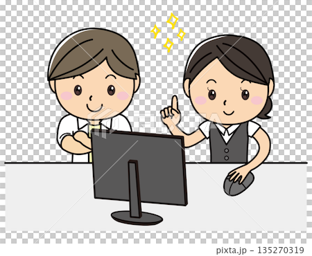 在電腦前工作時迸發出靈感的男女 | 業務改進和創意分享的插圖 135270319