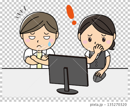 パソコン作業中のミスに気づく男女｜業務トラブル・エラーのイラスト 135270320