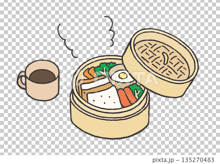 手繪插圖，描繪了用竹蒸籠盛裝的早餐 135270483