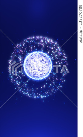 A glowing blue energy sphere radiates shimmering particles and light in a cosmic abstract scene A glowing blue energy sphere radiates shimmering particles and light in a cosmic abstract scene 135270789