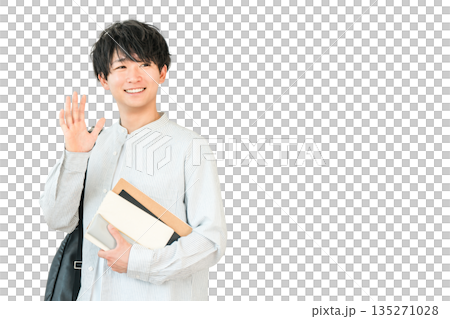 微笑的亞洲大學生揮手,學生(問候,校園生活) 微笑的亞洲大學生揮手,學生(問候,校園生活) 135271028