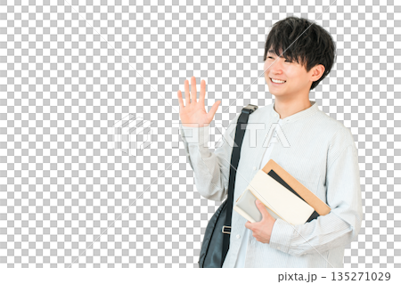 微笑的亞洲大學生揮手，學生（問候，校園生活） 135271029