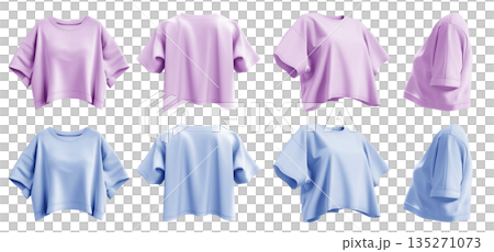 2 Set of pastel light blue purple woman loose cropped midriff tee t shirt round neck front, back and side view on transparent background cutout, PNG file. Mockup template for artwork  135271073