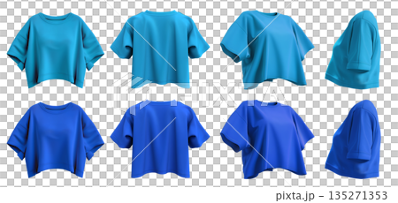 2 Set of dark light blue turquoise woman loose cropped midriff tee t shirt round neck front, back and side view on transparent background cutout, PNG file. Mockup 135271353