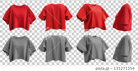 2 Set of red maroon grey gray woman loose cropped midriff tee t shirt round neck front, back and side view on transparent background cutout, PNG file. Mockup template f 135271354
