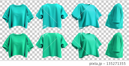 2 Set of turquoise blue green woman loose cropped midriff tee t shirt round neck front, back and side view on transparent background cutout, PNG file. Mockup 2 Set of turquoise blue green woman loose cropped midriff tee t shirt round neck front, back and side view on transparent background cutout, PNG file. Mockup 135271355