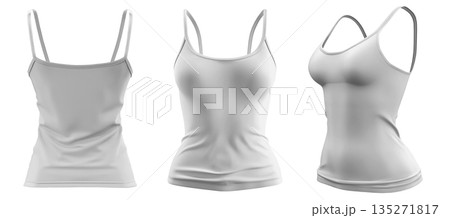 Set of woman white, front, back and side view Spaghetti thin strappy Strap Camisole tank cami Top on transparent background cutout, PNG file. Mockup template  135271817
