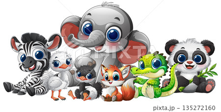 Cute Baby Animals Sitting Together in Cartoon Style 135272160