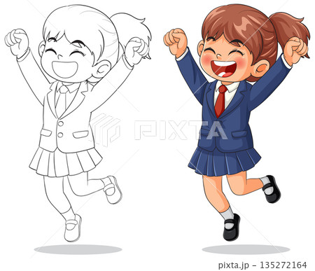 Happy Schoolgirl Jumping in Uniform Vector Illustration Happy Schoolgirl Jumping in Uniform Vector Illustration 135272164