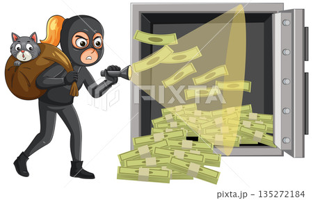 Burglar With Cat Robbing Safe Full of Cash 135272184