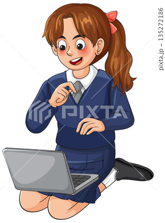 Young Student in Blue School Uniform Kneeling and Using a Laptop 135272186