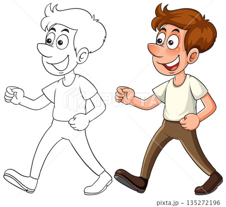 Cartoon Boy Walking with Outline and Colored Versions Cartoon Boy Walking with Outline and Colored Versions 135272196