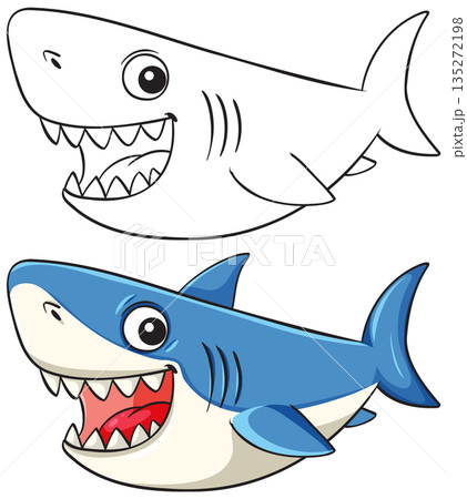 Cartoon Shark Illustration with Color and Outline Versions 135272198