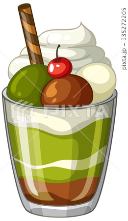Matcha and Chocolate Ice Cream Parfait with Whipped Cream and Cherry 135272205
