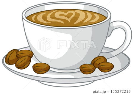 Hot Cup of Cappuccino with Latte Art and Coffee Beans Hot Cup of Cappuccino with Latte Art and Coffee Beans 135272213
