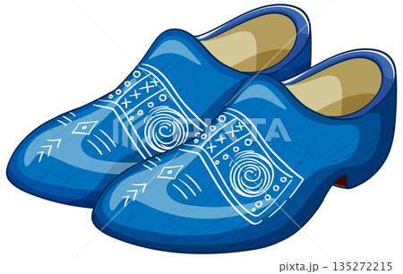 Blue Dutch Wooden Clogs with White Folk Art Patterns 135272215