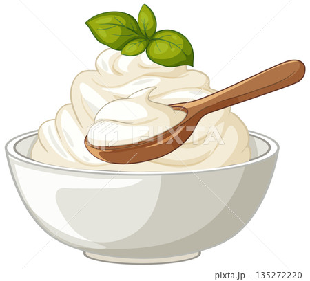 Vector Illustration of Whipped Cream in a Bowl with Wooden Spoon 135272220
