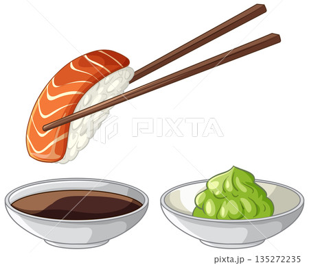 Salmon Nigiri Sushi with Chopsticks Soy Sauce and Wasabi Paste 135272235