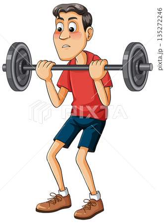 Cartoon Man Struggling to Lift Heavy Barbell Cartoon Man Struggling to Lift Heavy Barbell 135272246
