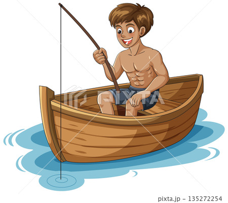 Shirtless Boy Fishing in Wooden Rowboat on Water 135272254