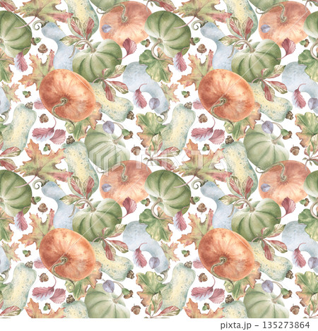 Watercolor seamless pattern with flying vegetables: pumpkins, acorns and maple leaves isolated white. Hand drawn harvest fresh plants soft vintage palette for packaging, gift wrap and rustic textile. Watercolor seamless pattern with flying vegetables: pumpkins, acorns and maple leaves isolated white. Hand drawn harvest fresh plants soft vintage palette for packaging, gift wrap and rustic textile. 135273864