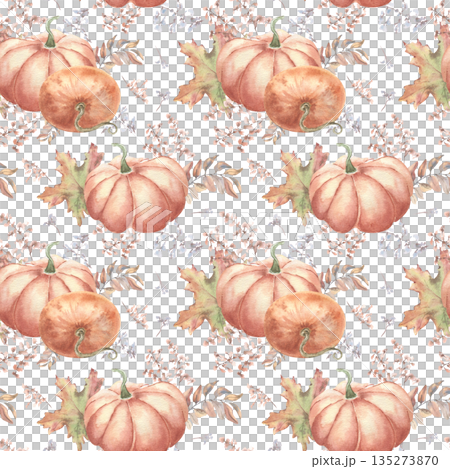 Watercolor seamless pattern of botanical autumn elements neutral tones. Pumpkins and soft abstract branches hand painted in muted pastel palette. Fall background for wedding, gift wraps, stationary. Watercolor seamless pattern of botanical autumn elements neutral tones. Pumpkins and soft abstract branches hand painted in muted pastel palette. Fall background for wedding, gift wraps, stationary. 135273870