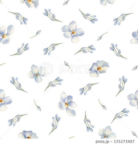Pastel Blue flowers watercolor seamless pattern isolated. Floral Sprig Pattern for Baby Textile. Soft blue tiny flower buds hand painted. Ditsy print for baby clothing and nursery fabrics. Pastel Blue flowers watercolor seamless pattern isolated. Floral Sprig Pattern for Baby Textile. Soft blue tiny flower buds hand painted. Ditsy print for baby clothing and nursery fabrics. 135273887