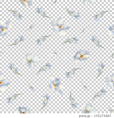 Pastel Blue flowers watercolor seamless pattern isolated. Floral Sprig Pattern for Baby Textile. Soft blue tiny flower buds hand painted. Ditsy print for baby clothing and nursery fabrics. Pastel Blue flowers watercolor seamless pattern isolated. Floral Sprig Pattern for Baby Textile. Soft blue tiny flower buds hand painted. Ditsy print for baby clothing and nursery fabrics. 135273887