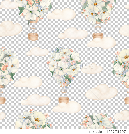 Nursery seamless pattern with hot air balloons on clouds neutral colors. Balloons with cosmos flowers, anemone watercolor hand drawn. Endless background for child bedding, wallpaper. Infant fabrics. Nursery seamless pattern with hot air balloons on clouds neutral colors. Balloons with cosmos flowers, anemone watercolor hand drawn. Endless background for child bedding, wallpaper. Infant fabrics. 135273907