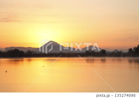 木浜内湖から見た朝焼けの三上山 木浜内湖から見た朝焼けの三上山 135274098