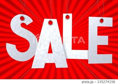 Sale letters as price tags, red stripes in background - 3D illustration Sale letters as price tags, red stripes in background - 3D illustration 135274156