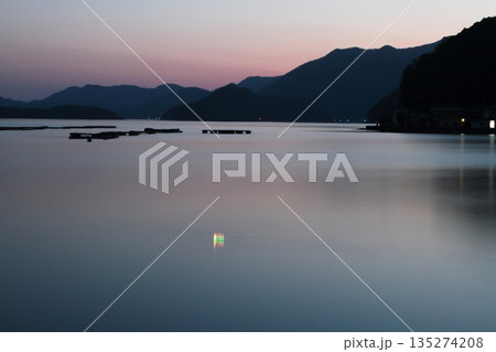牡蠣筏並ぶ夕暮れの海 135274208