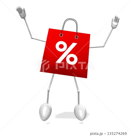 Jumping red cartoon shopping bag with percent sign - 3D illustration 135274269