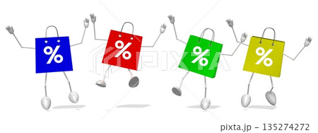 Four jumping cartoon shopping bag with percent signs - 3D illustration 135274272
