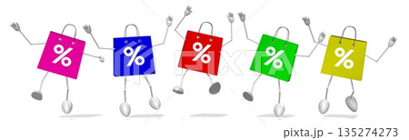 Five jumping cartoon shopping bag with percent signs - 3D illustration Five jumping cartoon shopping bag with percent signs - 3D illustration 135274273