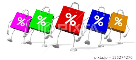 Colorful cartoon shopping bags with percent signs - 3D illustration 135274276