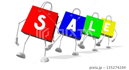 Colorful cartoon shopping bags creating sale word - 3D illustration Colorful cartoon shopping bags creating sale word - 3D illustration 135274284