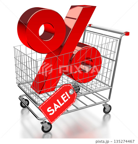 Sale concept, percentage sign, shopping cart - 3D illustration Sale concept, percentage sign, shopping cart - 3D illustration 135274467