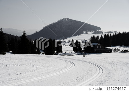Snow covers the landscape in Jizerka village, featuring the outline of Bukovec Hill behind the houses. Ski tracks cross the white terrain under a clear sky. 135274637