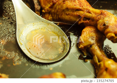 Detailed closeup of cooked chicken meat in stewpan Detailed closeup of cooked chicken meat in stewpan 135274705