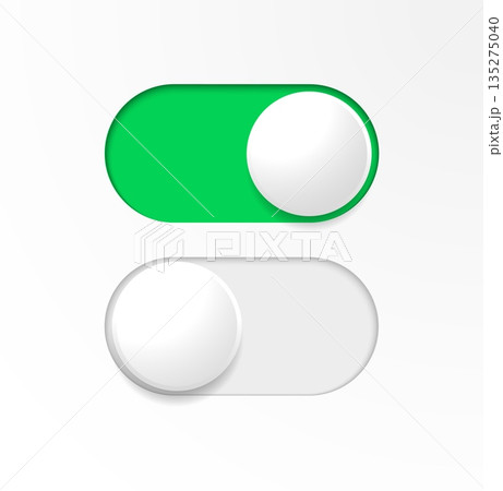 Vector illustration of On and Off toggle switch buttons in material design style, ideal for mobile and web interfaces, app settings, and user interface projects. Clean, modern, and flat design Vector illustration of On and Off toggle switch buttons in material design style, ideal for mobile and web interfaces, app settings, and user interface projects. Clean, modern, and flat design 135275040