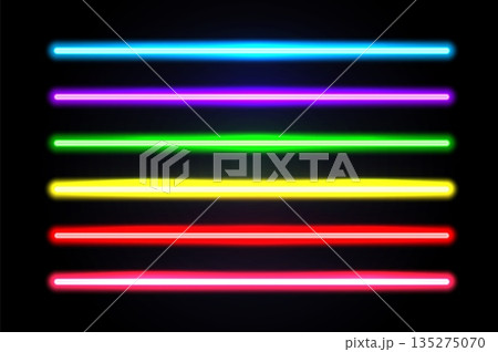 Realistic vector illustration of glowing neon ultraviolet lamps in different color shades, representing modern fashion style and trendy luminous design perfect for nightlife, decoration, and 135275070