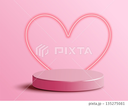 Valentines Day sale podium decorated with glowing neon heart on soft pink background. Elegant romantic scene for product display, cosmetics advertising, ceremony, or festive awards design. Vector Valentines Day sale podium decorated with glowing neon heart on soft pink background. Elegant romantic scene for product display, cosmetics advertising, ceremony, or festive awards design. Vector 135275081
