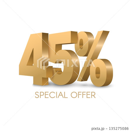 Golden 3D number 45 symbolizing forty-five percent. Luxurious and modern vector design ideal for sale promotions, marketing campaigns, discount offers, and elegant advertising materials. Golden 3D number 45 symbolizing forty-five percent. Luxurious and modern vector design ideal for sale promotions, marketing campaigns, discount offers, and elegant advertising materials. 135275086