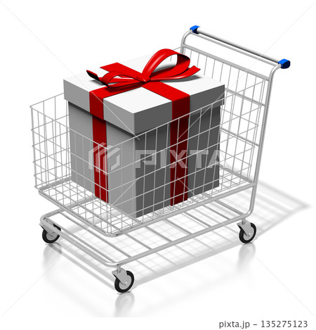 Shopping cart and gift box - 3D illustration 135275123