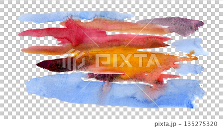 Multicolor watercolor brush strokes in blue, orange and red tones like sunset reflections. Hand drawn isolated illustration for creative branding, travel themes, abstract posters and lifestyle design. 135275320