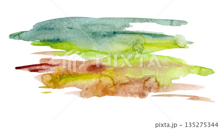 Watercolor wash blending blue, green and earthy brown like rolling hills and countryside scenery. Hand drawn isolated illustration for tourism design, nature branding and outdoor lifestyle projects. 135275344